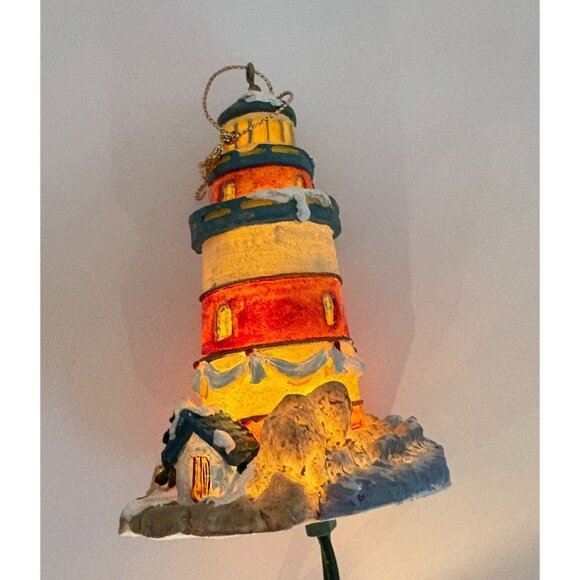 Vintage Lighthouse Christmas Tree Ornament Snowy Beach Light Up Feature - Picture 7 of 8
